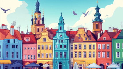 Fototapeta premium Illustration, Cityscape of Poznan in Poland , touristic advertisement poster. Beautiful old historical houses in the city centre. Touristic must-see city eastern Europe. Beautiful travel destination