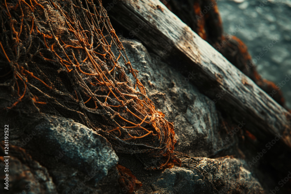 Aufkleber rusty fishing net rests on weathered rocks and wood, evoking a sense of age and the sea.