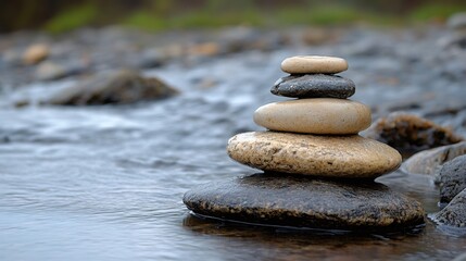Stack of zen stones balancing in a flowing river