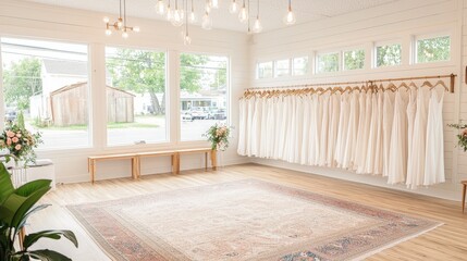 Elegant bridal boutique with hanging wedding dresses and ample light