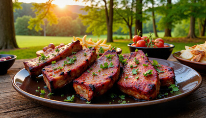 Grilled lamb ribs with fresh herbs at rustic barbecue, culinary delight