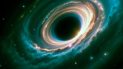 A shimmering nebula of iridescent gas and dust surrounds a dark, swirling black hole.