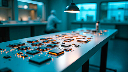 Fototapeta premium A futuristic laboratory setup featuring compacted microchips, nanotechnology devices, and an LED lamp.