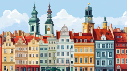 Obraz premium Illustration, Cityscape of Poznan in Poland , touristic advertisement poster. Beautiful old historical houses in the city centre. Touristic must-see city eastern Europe. Beautiful travel destination