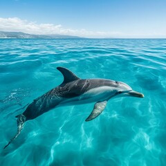 Fototapeta premium Dolphin swimming peacefully in crystal-clear blue water