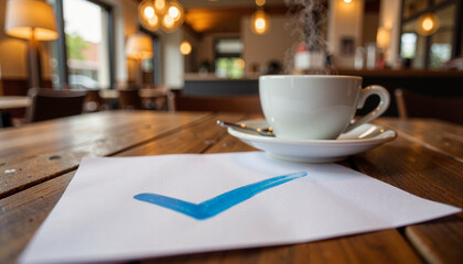 Blue checkmark on paper with coffee cup in cozy cafe, productivity boost