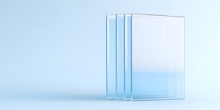 Crystal-clear minimalist design featuring three transparent square glass panels, arranged in a simple, modern composition on soft gradient light blue background. - Powered by Adobe
