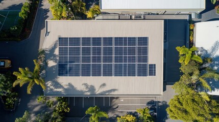 Aerial view of solar panels on a commercial building rooftop showcasing sustainability