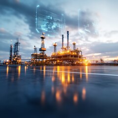 Obraz premium High-Tech Oil Refinery at Sunset with Digital Overlays and Cloudy Sky