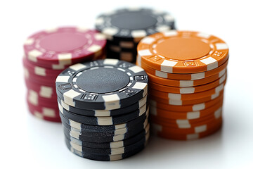 A clean and professional image of poker chips on a white background, symbolizing gambling, casino games, and strategic betting.