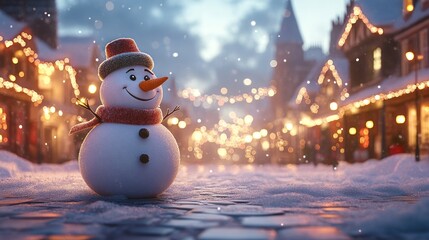 Obraz premium Festive snowman, snowy street, Christmas village, winter card