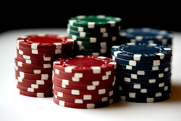A clean and professional image of poker chips on a white background, symbolizing gambling, casino games, and strategic betting.