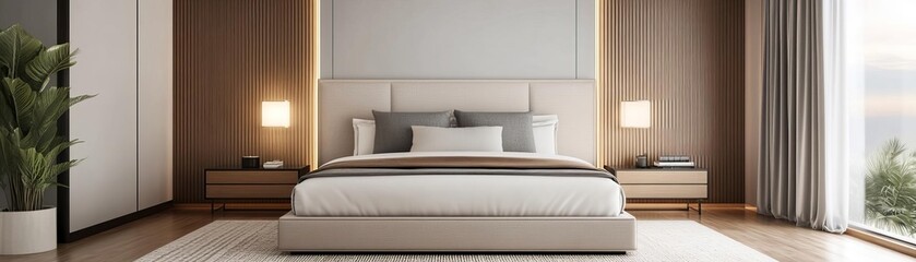 Luxury modern bedroom with soft neutral tones and an inviting ambiance