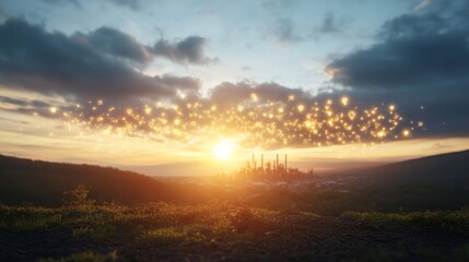 Obraz premium Beautiful Sunset Over Industrial Landscape with Sparkling Lights Effect