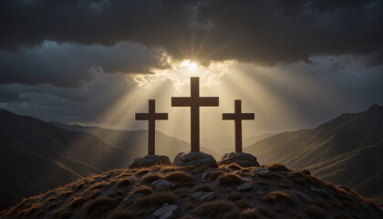 Three crosses standing on a barren hill illuminated by a beam of sunlight, Good Friday