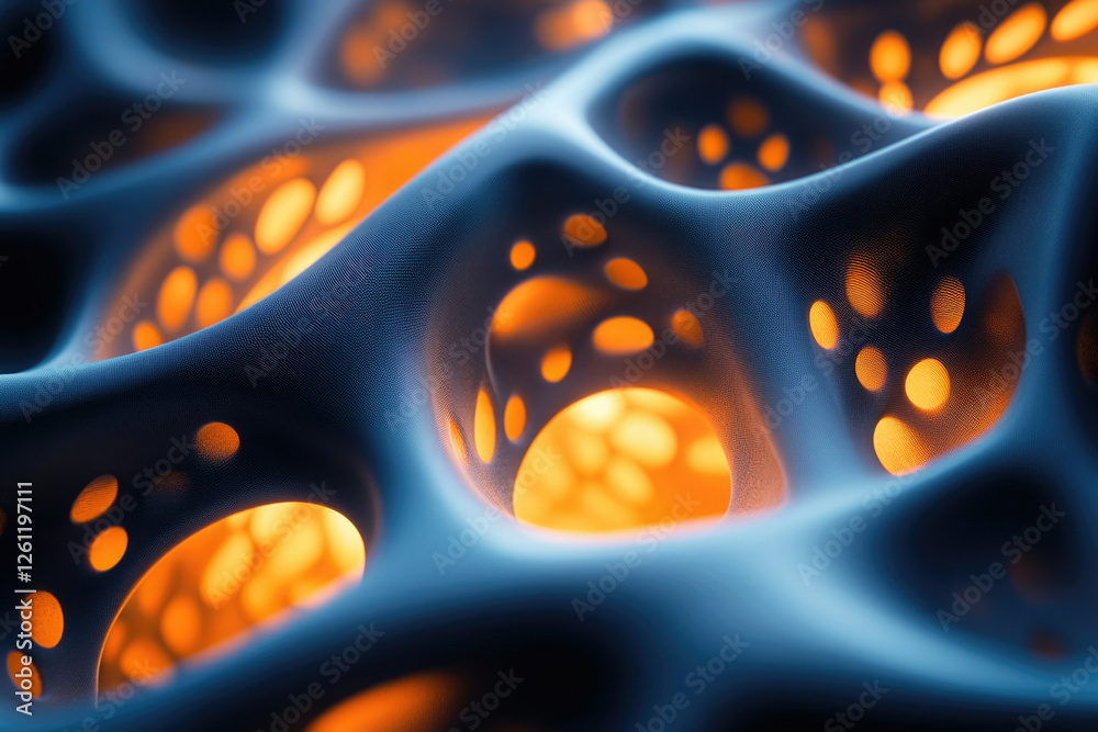 Poster abstract 3d render of a dark blue, porous surface with glowing orange interiors, resembling a cellul