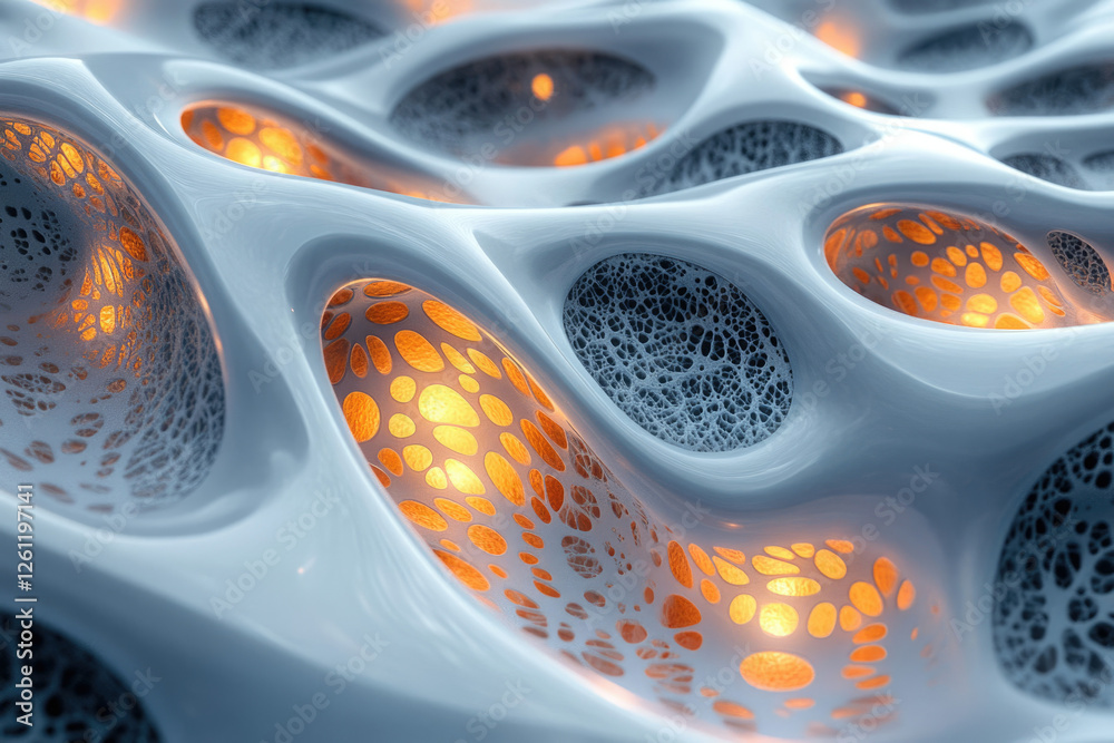 Poster abstract 3d render of a bioluminescent organic structure with glowing orange inner cavities.