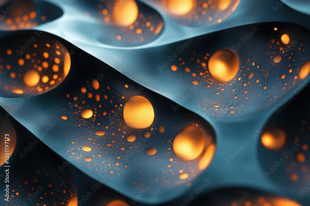 Poster Abstract 3D render of a textured surface with glowing orange spheres embedded within a dark blue, wave-like pattern.
