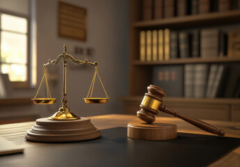 Elegant law office setting features a wooden gavel and scales of justice on a polished desk amidst bookshelves filled with legal texts