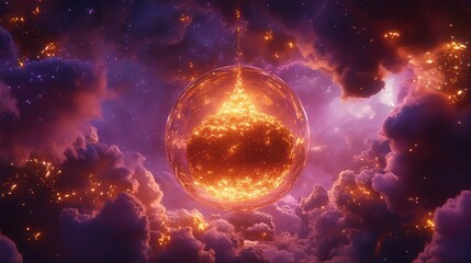 Obraz premium Fiery Orb Descends in Cosmic Cloudscape