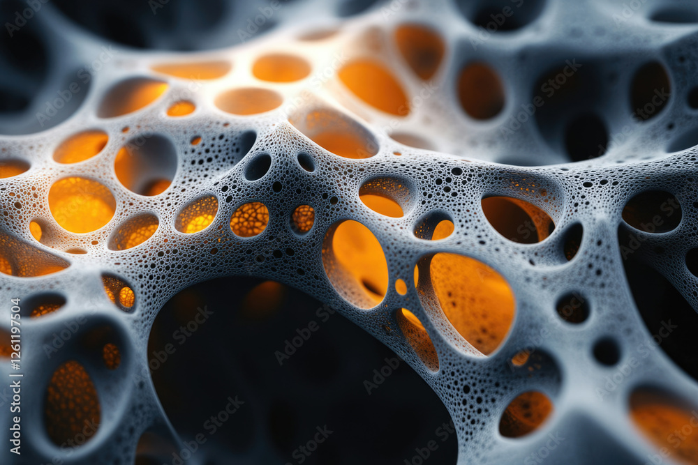 Poster Abstract 3D rendering of a porous, interconnected structure with glowing orange inner cavities.