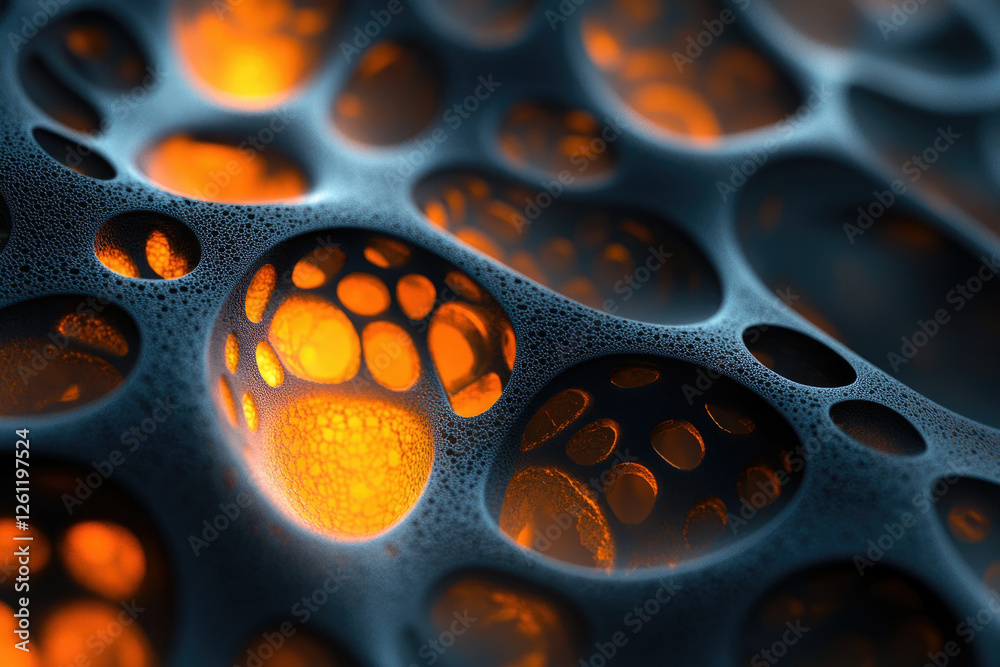 Aufkleber Abstract 3D render of a porous, dark grey structure with glowing orange inner cavities, resembling a complex network or cellular structure.