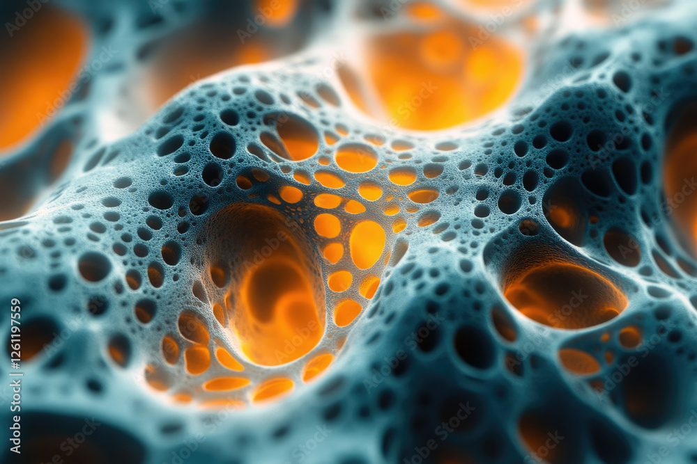 Poster abstract 3d render of a porous, cavernous structure with glowing orange interiors, resembling a micr