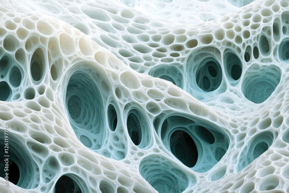 Poster Abstract 3D rendering of a porous, cavernous structure resembling bone or sponge.