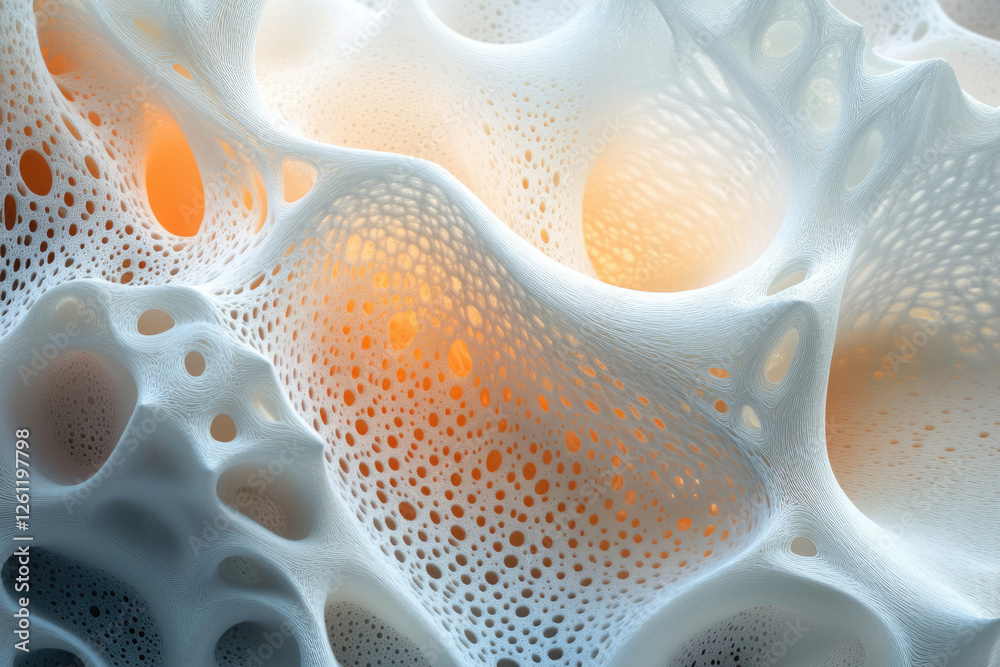 Poster Abstract 3D rendering of a porous, organic structure with a textured surface and glowing orange inner cavities.