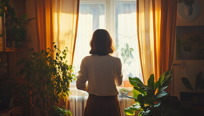 Woman opening window curtains at home, back view