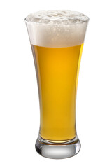 Beer in tall glass with white foam. Blond Lager beer in mug isolated 