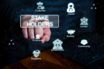 A digital business concept image showing a hand pointing at 