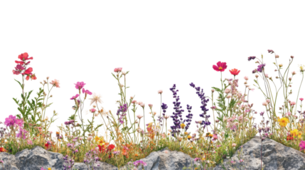 Colorful wildflowers growing on rocks with transparent background