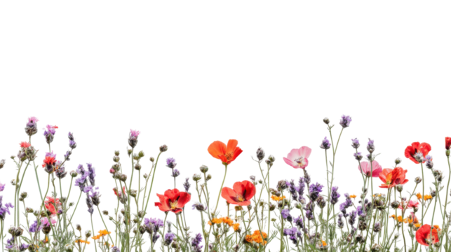 Colorful wildflowers blooming on transparent background: vibrant poppy and lavender border - Powered by Adobe