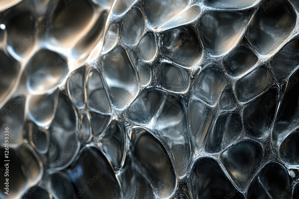 Poster abstract close-up of a metallic, organic-like structure with interconnected, fluid-like shapes.