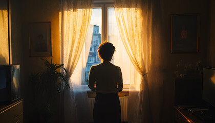 Woman opening window curtains at home, back view