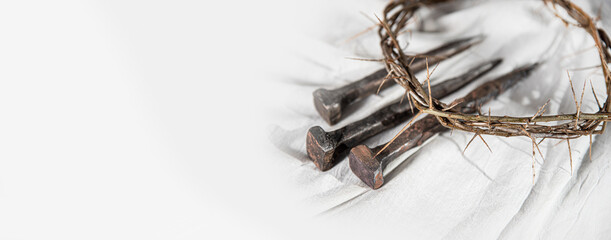 Crown of Thorns and Holy Nails associated with the Passion of Jesus Christ. Symbol of the...