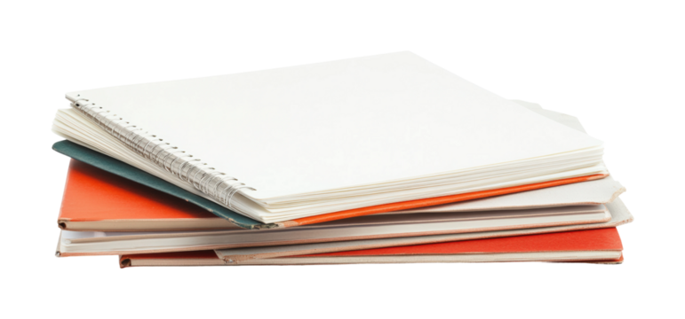 Stacked blank notebooks home office still life isolated on transparent background