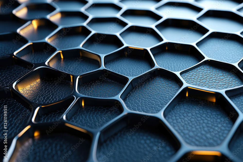 Poster Abstract hexagonal metallic grid pattern on textured dark surface, illuminated with warm light.