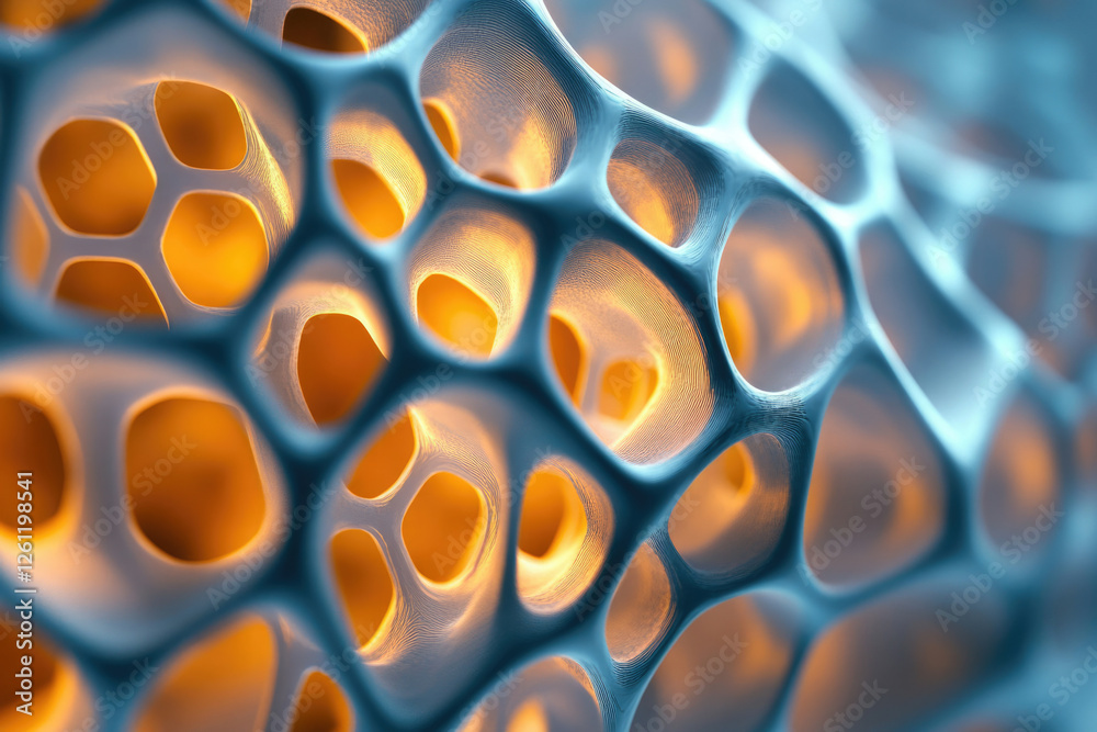 Poster Abstract 3D rendering of a porous structure with interconnected cavities, resembling a complex network.