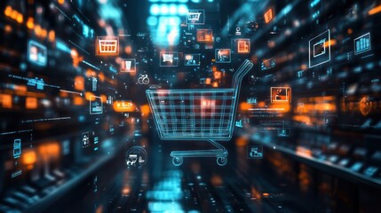 Obraz premium Digital shopping cart amidst data streams, futuristic marketplace