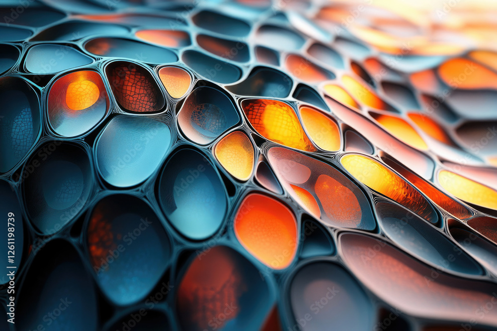 Poster abstract 3d rendering of a flowing, undulating surface composed of interconnected, glowing organic s