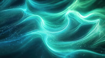 Abstract swirling turquoise and green energy waves on dark background