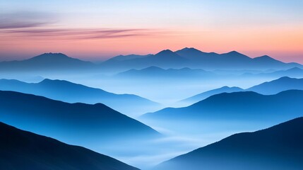 Fototapeta premium Mist-covered mountain peaks at sunrise, tranquil and meditative moment