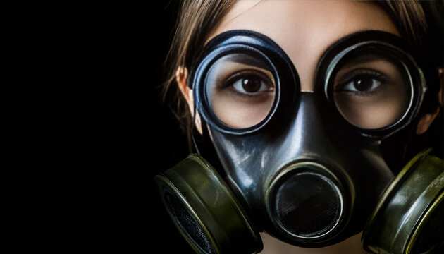 Scary girl wearing authentic Russian gas mask protection for poisonous smoke