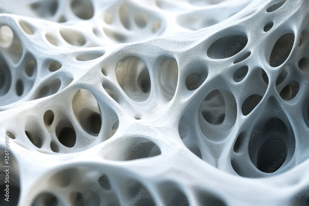 Poster Abstract 3D rendering of a porous, interconnected structure resembling a sponge or bone tissue.