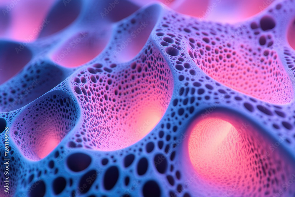 Poster abstract 3d render of a porous, cavernous structure with vibrant pink and blue lighting.