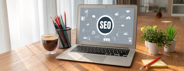 SEO search engine optimization for modish e-commerce and online retail business showing on computer...