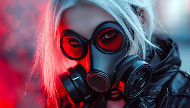 Scary girl wearing authentic Russian gas mask protection for poisonous smoke
