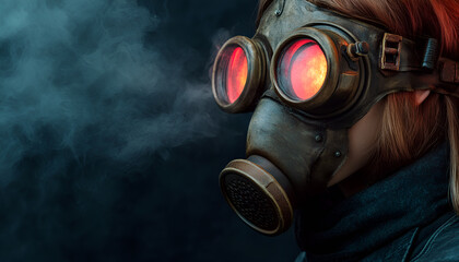 Scary girl wearing authentic Russian gas mask protection for poisonous smoke